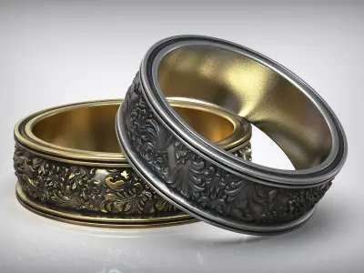 Rococo Ornate Carved Wedding Rings 3D print model