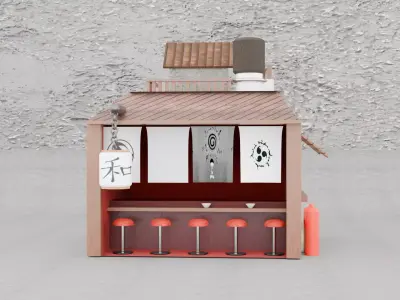 Low Poly Japanese Ramen Shop  Stall Game Ready 3D Model Low-poly 3D model