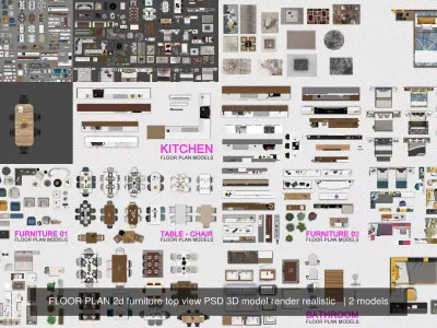 FLOOR PLAN 2d furniture top view PSD 3D model render realistic   3D Model Pack