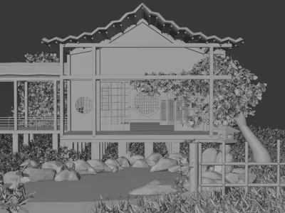 Japanese house with a small pond 3D model