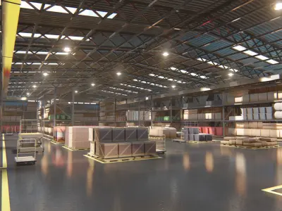 Warehouse filled with boxes and pallets Free 3D model