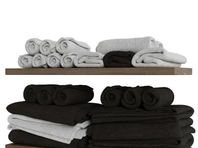 Towel set 2 wooden shelf with towels 3D model