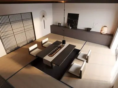 Japanese Zen Tea Room Interior with Tatami 3D model