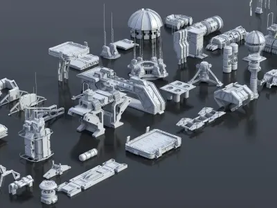 Scifi building dressing KITBASH pack Low-poly 3D model