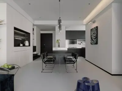 Contemporary Minimal Living Space With Open Kitchen 3D model
