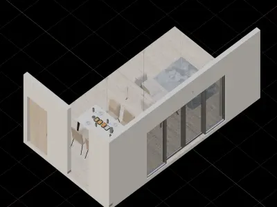 Isometric Dining Living Room With Wooden Floor 3D model