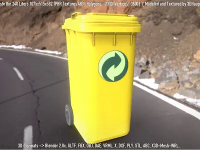 Yellow Plastic Waste Bin 240 Liters 1075x515x582 Low-poly 3D model