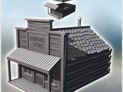 Western general store with log and wood walls and covered awning 3D print model purchase