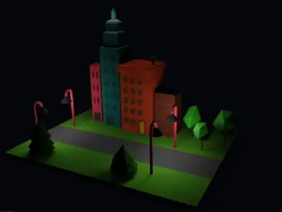 low poly street city with buildings and lights Free 3D model