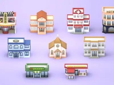 Cartoon Low Poly Building Pack Set2 Low-poly 3D model