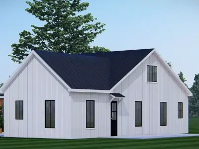 Modern White Farmhouse Exterior with Metal Roof 3D House Model 3D model