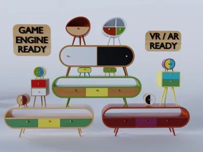 70s style furniture collection Low-poly 3D model