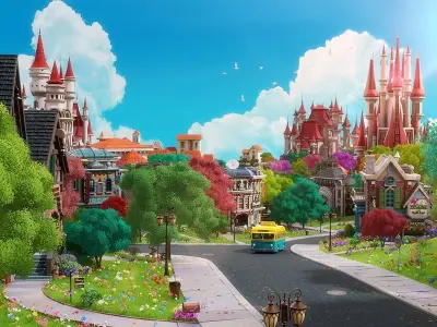 Cartoon Town City Home Exterior Scene 3D model