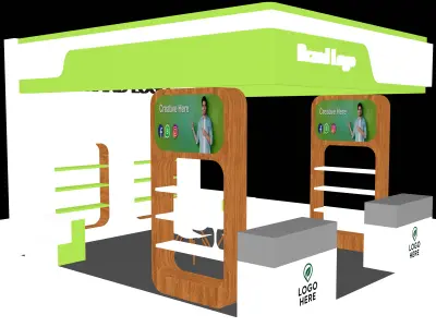 Modern Green-Themed Display Booth with Wood Accents and Lighting 3D model