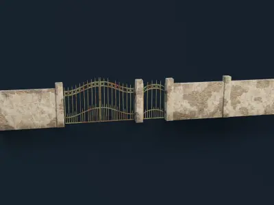 Stone wall with a gate Low-poly 3D model