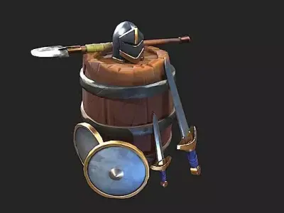Stylish forging factory steel helmet sword shield Low-poly 3D model