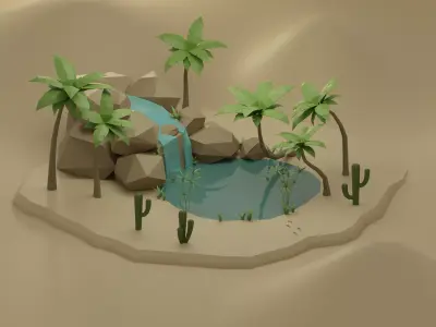Oasis island with palm trees and cactus Low-poly 3D model