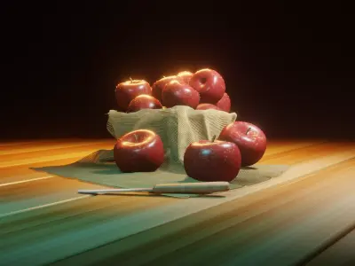 Realistic Red Apple Set - Fruit Scene with Knife and Cloth Low-poly 3D model