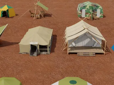Camping Tent Pack Variety Low Poly Military Glamping Tents Low-poly 3D model