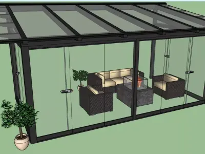 Glass-Enclosed Outdoor Seating Area with Fire Pit - 3D Model 3D model