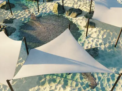 Shade Canopyvs rocks and sand vs rotang table and stool 3D model