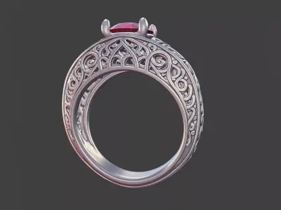  Filigree Silver Engagement Ring with Round Gemstone 3D print model
