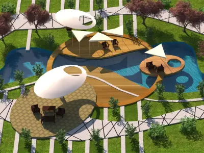 Riverbank park Low-poly 3D model