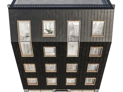 Modern residential facade 02  at night with simple interiors 3D model