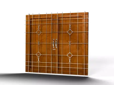 Modern wooden window with steel security grill Low-poly 3D model