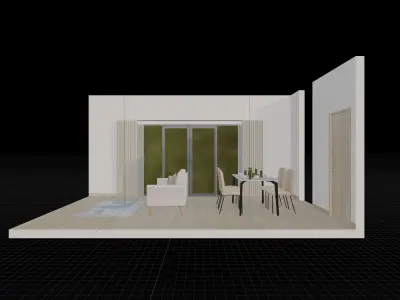 Isometric Dining Living Room With Wooden Floor 3D model