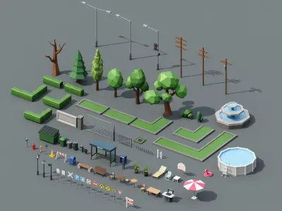 City street props assets pack Low-poly 3D model