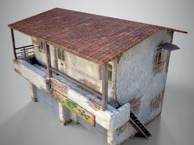 Realistic Old Indian Shop House Urban Two Floor Building Low-poly 3D model