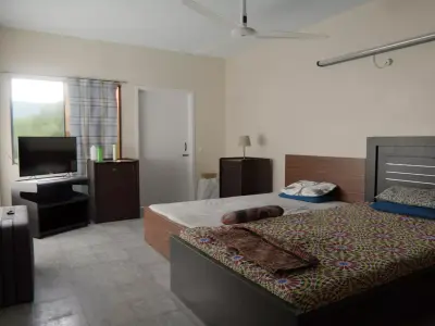 Bedroom with two beds and television 3D model