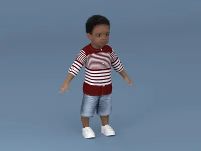  Little African Boy Light Skin in Summer Outfit Rigged for Maya 