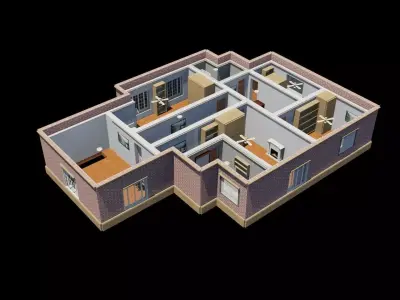 Set 6 Houses Detached with interiors Low-poly 3D model
