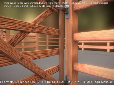 Pine Wood Fence with animated Door - High-Poly Version 3D model