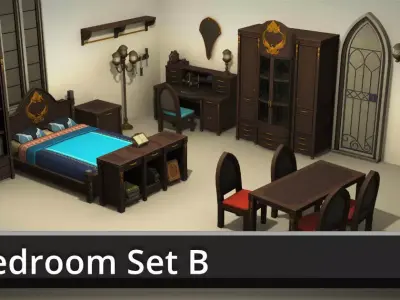 Bedroom Set B wooden cabinet with gold details Low-poly 3D model