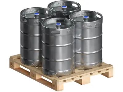 Metal kegs iron barrels on wooden pallets 3D model
