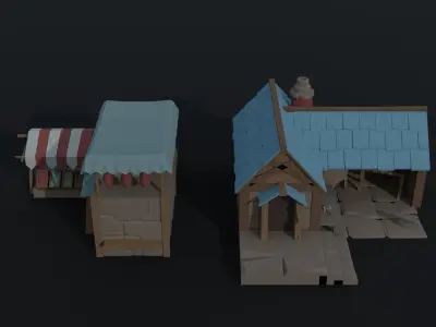 Cartoon fantasy city buildings Polygonal Style Low-poly 3D model