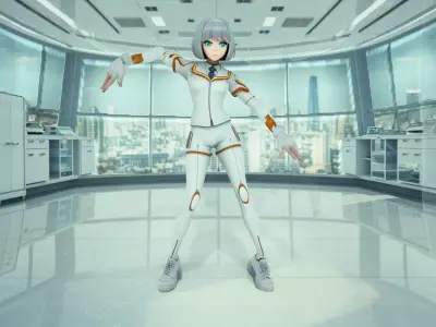 Anime Girl Android in Futuristic Lab Low-poly 3D model