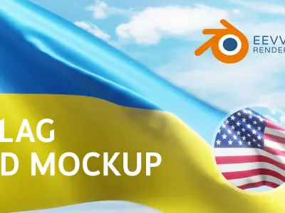 Ukraine Flag animation 3D mockup Blender eevvee plus USA flag 3D model