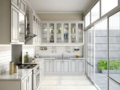 Kitchen with cabinets and glass doors 3D model