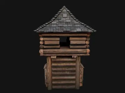 Medieval Wooden Tower with Roof Low-poly 3D model