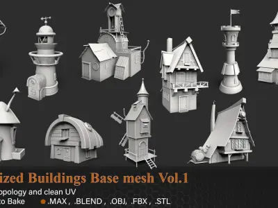 23 Stylized Buildings Base mesh Vol 1 Low-poly 3D model