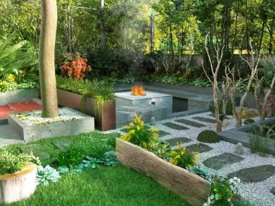 gardenhouse garden with fire pit in middle 3D model