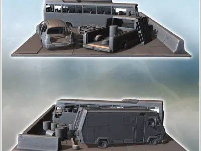 Broken-down vehicles and barriers arranged in a defensive config 3D print model