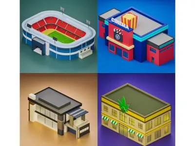 4 low poly buildings modern house Low-poly 3D model
