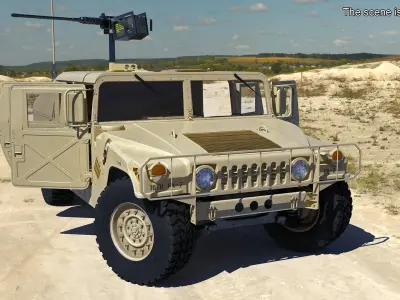  Military Humvee with Mounted Machine Gun Rigged for Cinema 4D 