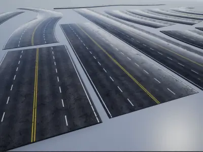 Modular Wet 4-Lane Highway Roads 4K-2K Low-poly 3D model