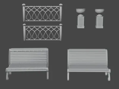 Park set of benches and lampposts 3D model